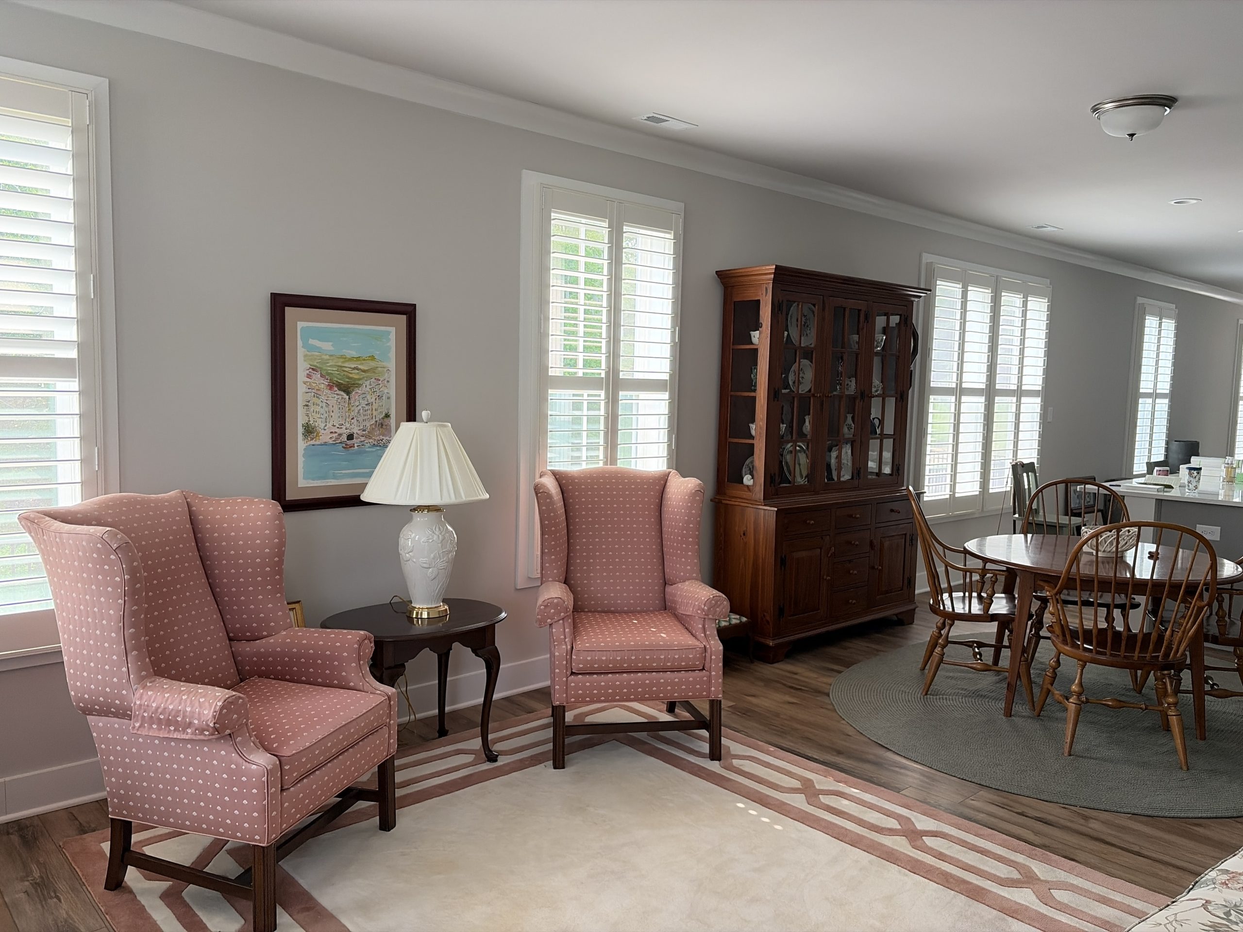 living room with Shuttersmart Planation Shutters